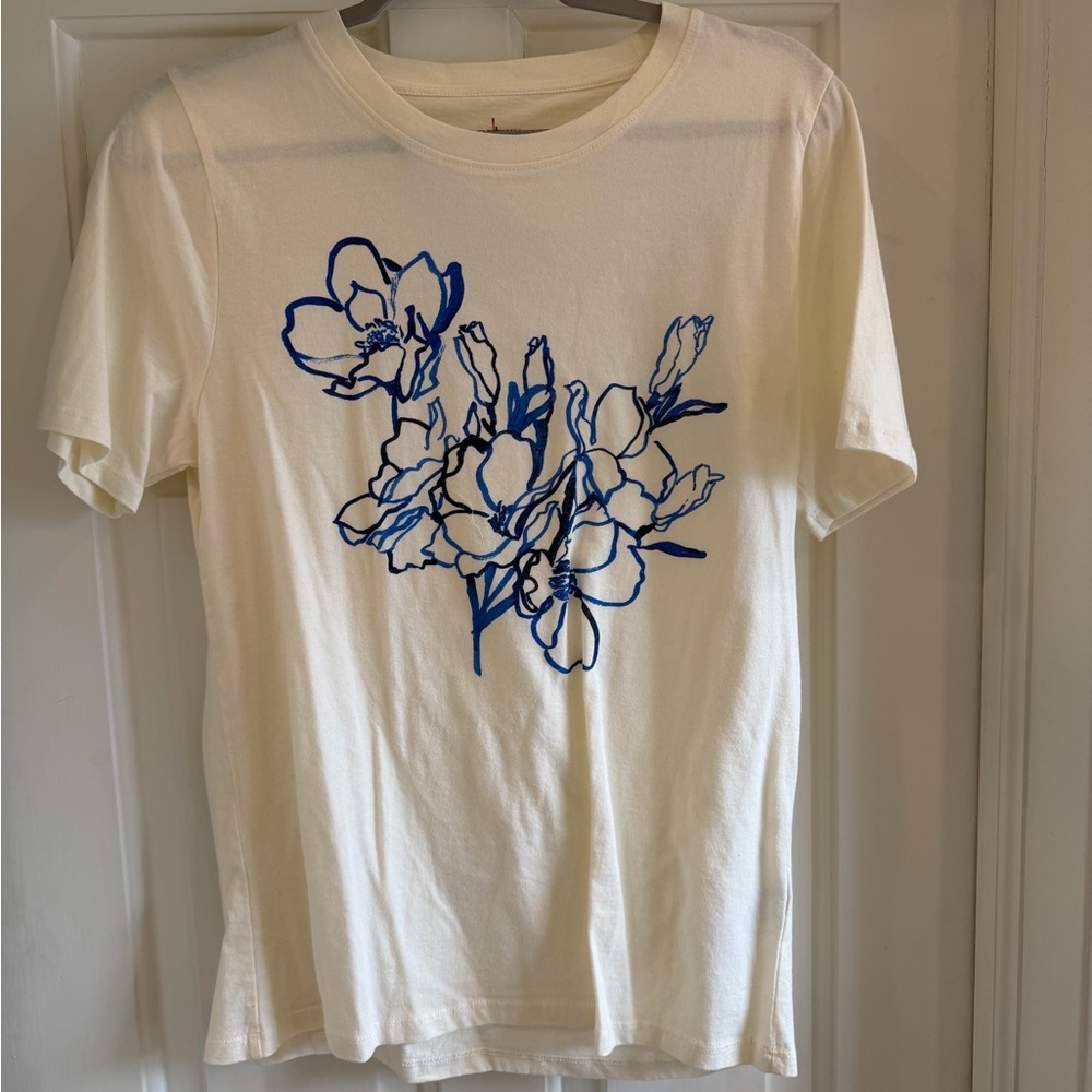 J.Crew Cream T-Shirt with Blue Floral Pattern - Women’s size medium, NWT